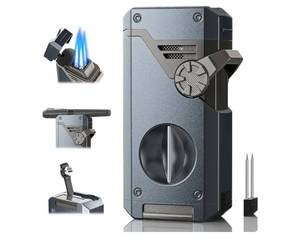 lot 19254 image: 5-in-1 Torch Lighter with Holder, Nubber, Cutter, Punch, Adjustable Windproof 4 Jet Flame, Refillable Butane Lighter, Multi-Functional Lighter Accessories, Mens Elegant Gifts, Travel Outdoors - Retail $27