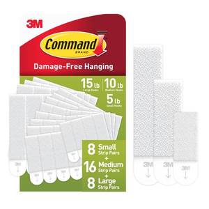 lot 19269 image: Command 15, 10, & 5 lb Large, Medium and Small 32 Pairs Picture Hanging Strips (64 Strips), Damage-Free Hangers for Picture Frames, No Tools Required, Great for Home Room Wall Decor, White Adhesive - Retail $17