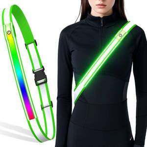 lot 19288 image: Samlior LED Reflective Belt Sash, High Visibility 5 Color 3 Light Mode Rechargeable LED Waistband Reflective Running Gear, Light Up Waist Belt Safety Gear for Running Walking Cycling at Night (Green) - Retail $10