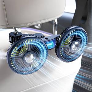 lot 19305 image: DICMKY Dual Head Car Cooling Fans for Back Seat for Kids, Battery Powered Rechargeable Usb 5V 12V 24V Car Backseat Headrest Fan for Baby Rear Facing, Car Seat Cooler That Blow Cold Air for Vehicles - Retail $24
