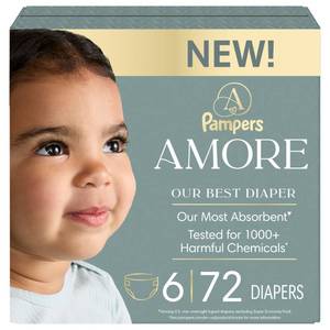 lot 60687 image: Pampers Amore, Size 6 (23-44 lbs), 72 Count, Our Best Diaper Hypoallergenic & Fragrance Free, Up to 100% Leakproof, Soft as Cashmere - Retail $48
