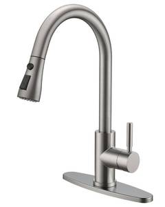 lot 60692 image: QFN Kitchen Faucet with Pull Down Sprayer Brushed Nickel, High Arc Single Handle Single Level Stainless Steel Pull Out Sink Faucet for Farmouse Camper RV Bar, Fit for 1 or 3 Hole - Retail $50