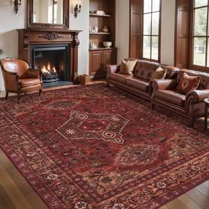 lot 60698 image: Tangsoo Red Boho 6x9 Area Rug Washable Rug for Living Room, Vintage Indoor Non Slip Large Area Rugs, Oriental Print Carpet, Soft Low Pile Foldable Floor Rug for Bedroom Dining Room Dorm Dark Red - Retail $140