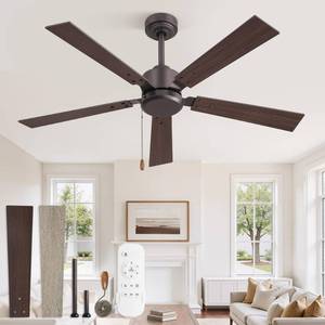 lot 60700 image: ZMISHIBO 52 Inch Ceiling Fan without Light, Farmhouse Ceiling Fan with Remote & Pull Chain, 6-Speeds, Quiet DC Motor, Brown Ceiling Fan no Light for Bedroom, office, Patio, IndoorOutdoor Use - Retail $76