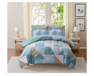 lot 60701 image: Geometric Comforter Set Queen with Sheets Bed in a Bag Deep Pocket Fitted Sheet with Elastic Corners, Cozy Comforter, Pillowcases & Shams Soft Microfiber All Season Bedding Machine Washable - Retail $60