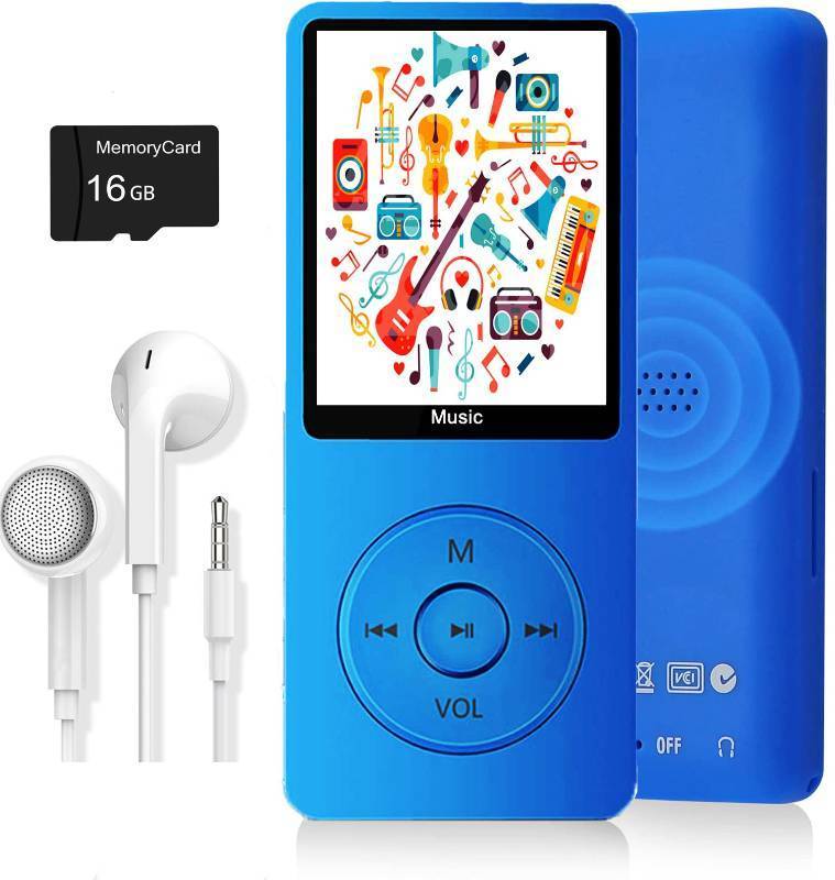 lot 33715 image: MP3 Player, Music Player with 16GB Micro SD Card, Build-in SpeakerPhotoVideo PlayFM RadioVoice RecorderE-Book Reader, Supports up to 128GB (Dark Blue)