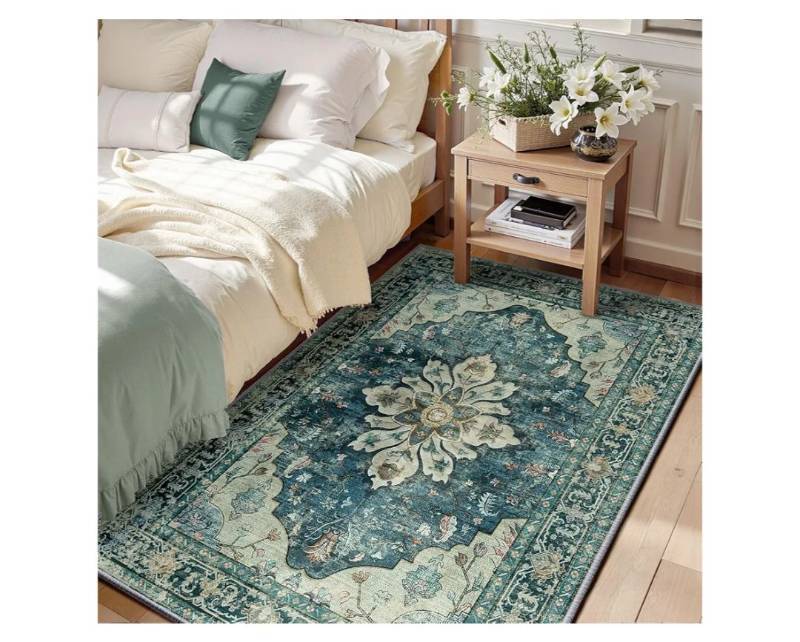 lot 24035 image: RELEANY Area Rugs 3x5 Washable Non-Slip, Floral Vintage Distress Medallion Carpet for Living Room Bedroom Dining Room, Dark Blue Vintage - Retail $45