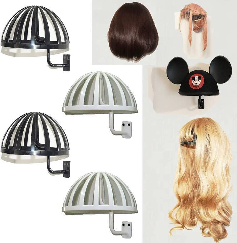 lot 24090 image: Pmsanzay 4 Pack Wall Mount Hanging Wig Stand, Wig Drying Holders, Plastic Wigs and HatsCap Rack Styling Drying Display Hangers, hold the shape of the wig and are EASY TO MOUNT. (2 Black2 White) - Retail $21