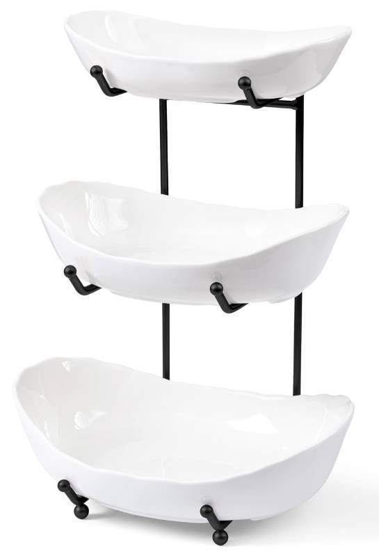 lot 62197 image: HBlife Fruit Bowl for Kitchen Counter - 3 Tier Ceramic Fruit Rack, Fruit Basket for Fresh Fruit&Veggies, Tiered Fruit Platter Serving Trays for Party - Retail $39