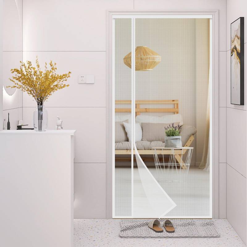 lot 19633 image: White Fiberglass Magnetic Screen Door, Reversible Left or Right Side Opening, Keep Bugs Out, Hands Free, Pet and Kid Friendly, Fits Door Size 32 x 80 - Retail $22