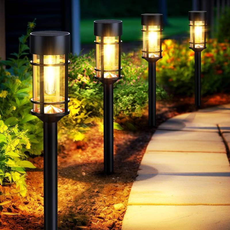 lot 19679 image: Mancra Solar Pathway Lights, 8 Pack LED Solar Lights Outdoor Waterproof, Glass Metal Garden Lighting for Yard Path Landscape Lawn Walkway Driveway, 3000K - Retail $40