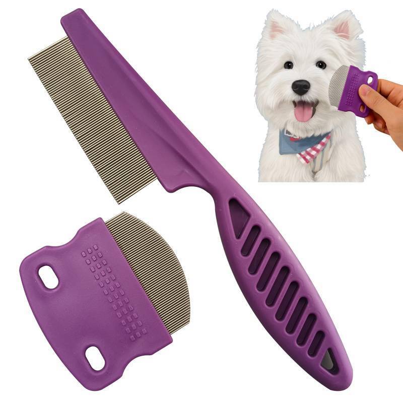 lot 43141 image: 2 Pack Professional Pets Eye Combs,Pets Grooming Comb Kit,Stainless Steel Tear Stain Remover for Cats & Dogs,Flea Lice Comb,Gentle Curved Comb Teeth,Precisely Removes Stains (Pet comb set) - Retail $10