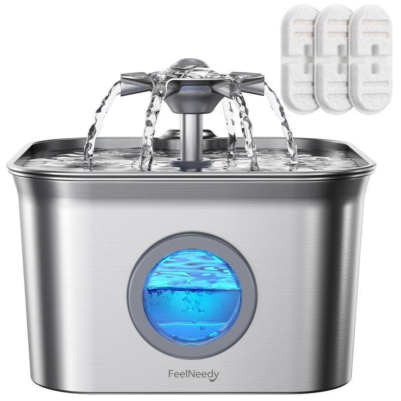 lot 25778 image: Stainless Steel Cat Water Fountain, 2.8L with 20dB Ultra-Quiet Pump- Ideal for Timid Pets, LED Water Level Window, Dishwasher Safe, 247 Circulation- Includes 3 Replacement Filters - Retail $20