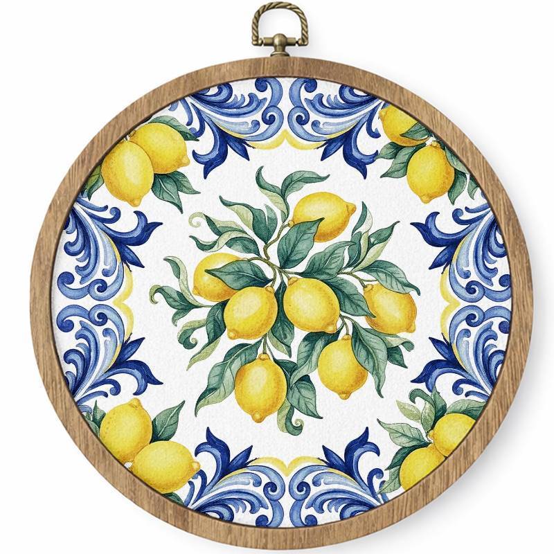 lot 27949 image: HYKDFMNCJ Italian Majolica Lemon Round Framed Wall Art, Blue and Yellow Mediterranean Lemon Wall Hanging Canvas Prints Artwork Decorations for Home Kitchen Living Room Office, 10x10 Inch - Retail $16