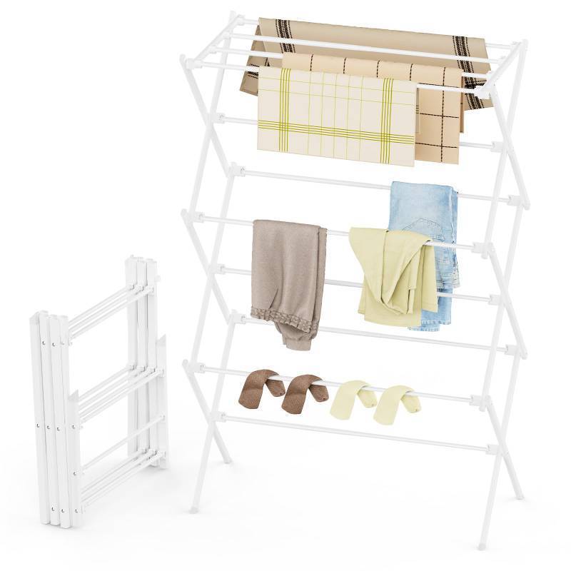 lot 25799 image: FILROUG Drying Rack Clothing, 3-Tier Clothes Drying Rack Foldable, Antirust Laundry Drying Rack Collapsible Use for Indoor & Outdoor, 11.8 D x 34.6 W x 35.4 H, White - Retail $30