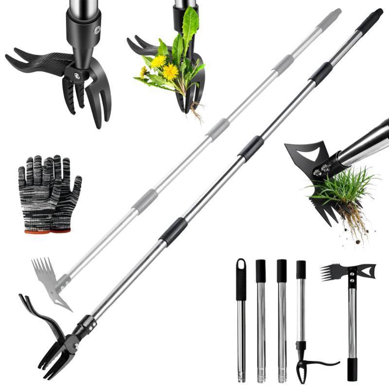 lot 9360 image: HWLANTU Stand Up Weed Puller Tool with 58 Adjustable Long Handle, 2 in 1 Heavy Duty Manual Weeder & Garden Hoe, 4-Claw Steel Head Weed Remover with Gloves for Yard Lawn Patio Flower Bed