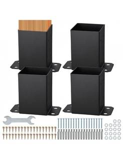 lot 21126 image: VEVOR 4x4 Post Base 4 Pcs, Inner Size 3.6x3.6 Post Base Brackets, Heavy Duty Powder-Coated Post Anchor Matte Black Wood Post Brackets for Pavilion Deck Railing Support Deck Base Plate - Retail $0