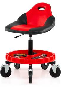 lot 21177 image: Rolling Mechanic Stool, Height Adjustable Swivel Pneumatic Roller Creeper Seat with 5 Wheels, Backrest & Tool Tray, 150kg Capacity Garage Workshop Padded Chair - Retail $0