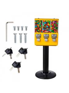 lot 21189 image: VEVOR Commercial Vending Machine, Triple Compartment Candy Dispenser with Iron Stand, Gumball and Candy Machine for Business, Coin Operated Gumball Bank for Toy Capsules Bouncy Balls Candy Nut, Yellow - Retail $202
