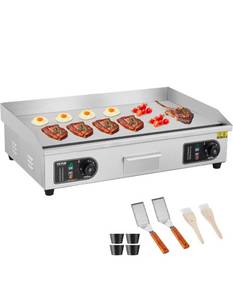 lot 21190 image: VEVOR Commercial Electric Griddle, 2800W Countertop Flat Top Grill, 122��-572 �� Adjustable Temp, 29in Stainless Steel Griddle Grill with 2 Shovels and 2 Brushes for Home or Restaurant(110V No Plug) - Retail $239