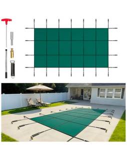 lot 21191 image: VEVOR Inground Pool Safety Cover, 14 ft x 28 ft Rectangular Winter Pool Cover, Triple Stitched, High Strength Mesh PP Material with Good Rain Permeability, Installation Hardware Included, Green - Retail $229