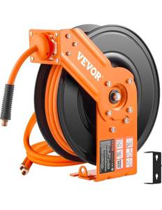 lot 21193 image: VEVOR Retractable Air Hose Reel, 38IN x 50FT Rubber Air Hose Max 300PSI, Air Compressor Hose Reel Auto-Rewind with 5FT Lead in, CeilingWall Mount Heavy Duty Single Arm Reel & 180° Swivel Bracket - Retail $90