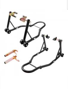 lot 21214 image: VEVOR Motorcycle Stand Lift, 850lbs Front Rear Combo Stand Lift Stand, Front and Rear Wheel Fork Stand, UL Fork Swingarm Spool, Compatible with Most Yamaha Honda Kawasaki Suzuki Motorcycles, Black - Retail $70