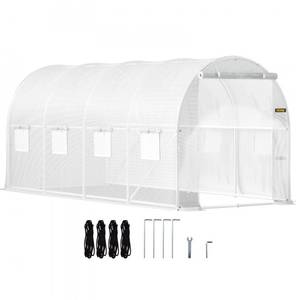 lot 21219 image: VEVOR 15 x 6.5 x 7 ft Walk-in Tunnel Greenhouse, Portable Plant Hot House with Galvanized Steel Hoops, 1 Top Beam, Diagonal Poles, Zippered Door & 8 Roll-up Windows, White - Retail $89