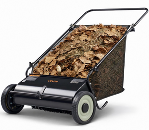 lot 21228 image: VEVOR Push Lawn Sweeper, 26-inch Leaf & Grass Collector, Strong Rubber Wheels & Heavy Duty Thickened Steel, Durable to Use with Large Capacity 7 cu. ft. Mesh Collection Hopper Bag, 4 Spinning Brushes - Retail $109