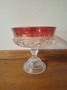 lot 27 image: Large Indiana Glass Kings Crown Thumbprint Ruby Flash Pedestal Compote Candy