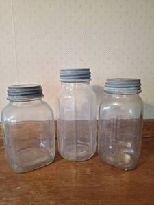 lot 33 image: 3 Glass Canning Jars with Metal Screw Lids