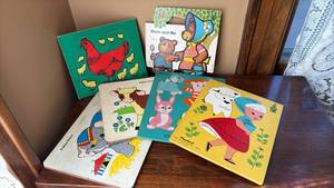 lot 91 image: Vintage Playskool and Fisher-Price Board Puzzles-Galt Toys Chicken Puzzle and Grosset Walking Book
