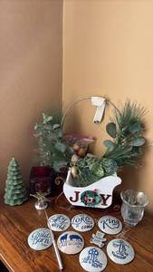 lot 94 image: Holiday Decor Lot Christmas Ornaments Floral and Accessory with Heavy Red Glass Candle Holder