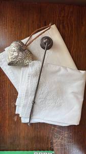 lot 123 image: Puff Heart-Shaped Ornate Decorative Ornament with Embroidered Pillowcases and Silverplated Candle Snuffer