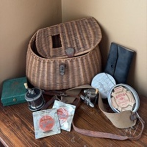 lot 134 image: Vintage Fishing Tackle Lot Wicker Creel, Reels, Line and Fly Carrier