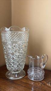 lot 139 image: Large Pressed Glass Vase and Dakota Hotel cream pitcher clear by Ripley & Co. circa 1885 Personalized