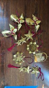 lot 167 image: Gold Tone Metal Holiday Ornaments Angels Stars & Snowflakes with Ribbons