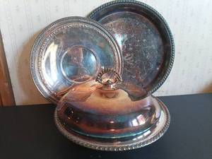 lot 1026 image: Silverplate Two Round Serving Trays with Ornate Border and Domed Covered Dish