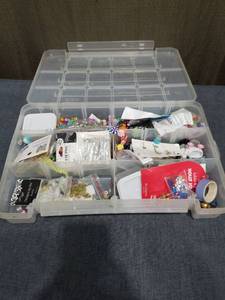 lot 2405 image: Plastic Craft Supply Organizer Box with Beads, Sequins, Tape and Accessories