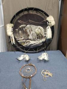 lot 2462 image: Decorative Shield with Buffalo Engraving, Feathered Dreamcatchers, Beaded Details