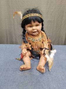 lot 2471 image: Doll with Black Hair Braids Native American Costume Headband Dreamcatcher