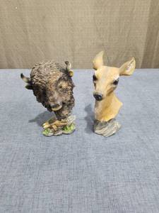 lot 2527 image: Animal Head Figurines Pair Buffalo Deer Sculptures