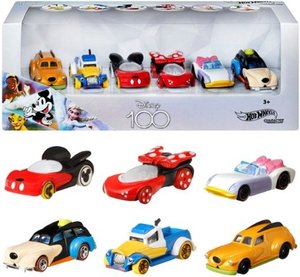 lot 2551 image: Hot Wheels Disney 100th Anniversary Character Car Diorama 6-Pack - Multicolor