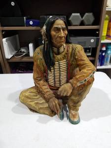 Native American Figure Statue Seated Pose Long Black Hair Bone Breastplate
