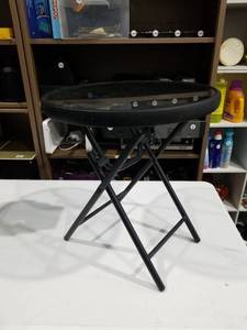 lot 2558 image: Black Folding Table with Round Glass Top and X-Frame Stand