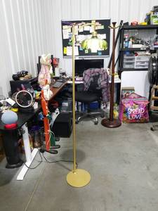 lot 2567 image: Floor Lamp Arc Brass Green Glass Shade Gold Base