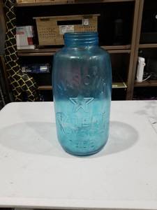 lot 2571 image: Large Mason Jar Blue Glass Quart Canning Jar with Star and Patent Date Embossing No Lid