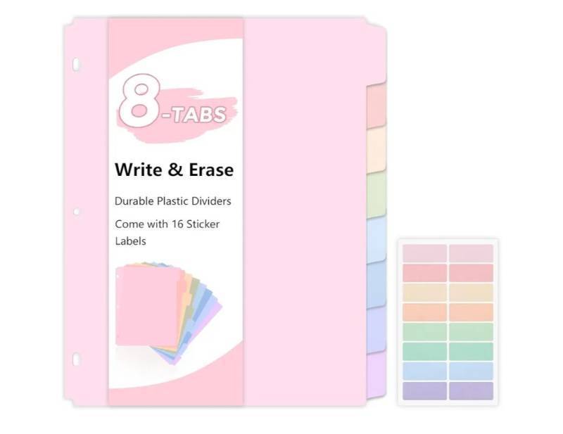 lot 37825 image: 8 Tab Binder Dividers, Letter Size, Durable Plastic Dividers for 3 Ring Binder, Write & Erase Binder Dividers with Tabs, 1 Set, Aesthetic Pastels Binder Divider for School, Office - Retail $4