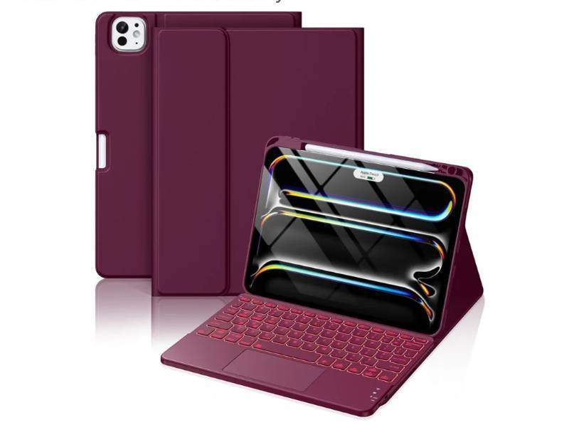 lot 37861 image: iPad Pro 11-inch Case with Keyboard (M5M4) - Magnetic Wireless Detachable Keyboard with Multi-Touch Trackpad 7 Color Backlit Stain Proof Folio Cover for Pro 11 Inch 2025 2024 - Dark Cherry - Retail $36