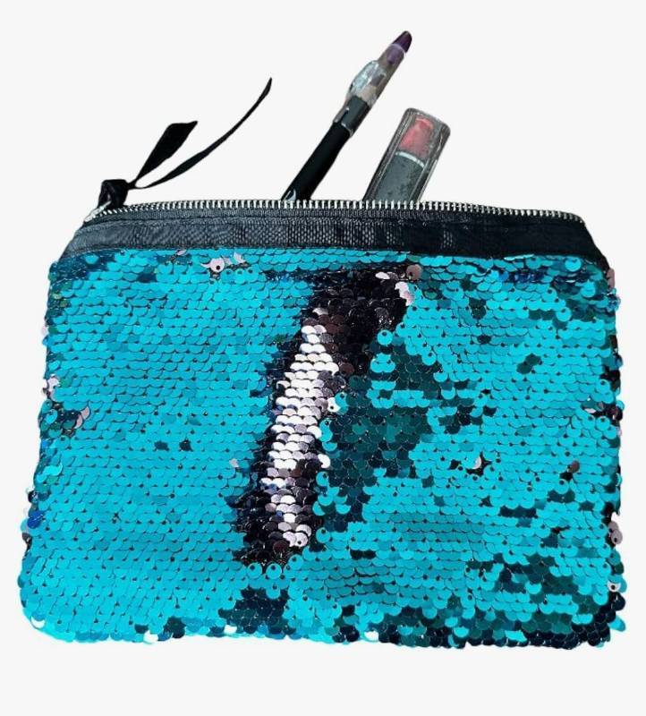 lot 37887 image: Flip Sequin Make Up Bag Reversible Mermaid Sequin Pouch Two Tone Sequins Clutch Bag Cosmetic Brush Holder (Turquoise & Pale Pink) - Retail $8